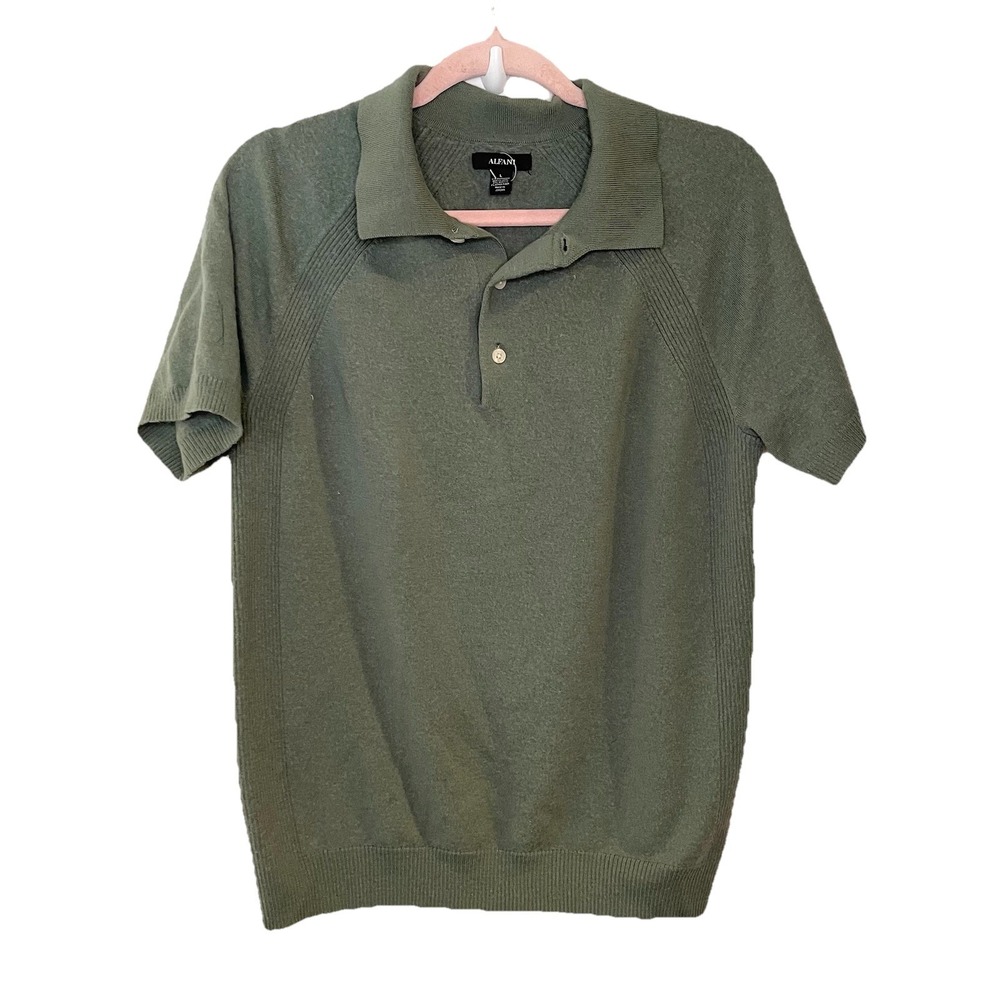 Alfani Mens L Extra Fine Merino Wool Blend Knit Polo Sweater Green Short Sleeve